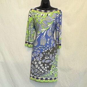 B-125‎ New Directions PLUS SIZE 14 Blue & Green Pullover 1/2 Sleeve MIDI Dress